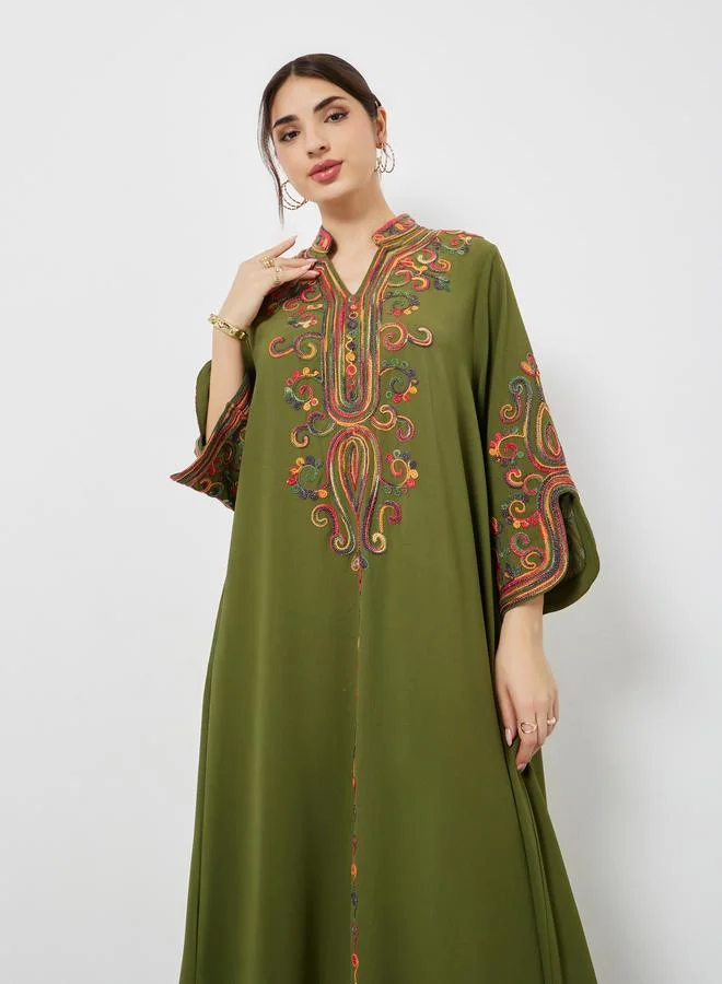 Amirah  Olive Embroidered Slit Sleeve Jalabiya for Women | Best Price UAE